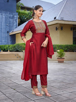 Thumbnail for Malishka Women's Silk Blend Solid Straight Kurta Pant With Dupatta - Red - Distacart