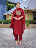 Thumbnail for Malishka Women's Silk Blend Solid Straight Kurta Pant With Dupatta - Red - Distacart