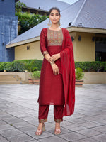 Thumbnail for Malishka Women's Silk Blend Solid Straight Kurta Pant With Dupatta - Red - Distacart