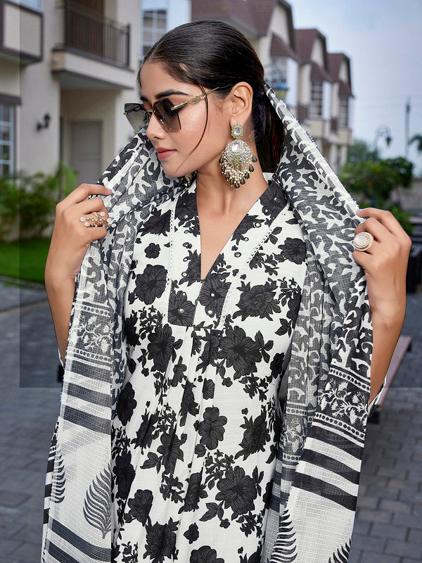 Malishka Women's Viscose Printed Flared Kurta Pant With Dupatta - Black & White - Distacart