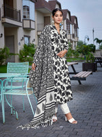 Thumbnail for Malishka Women's Viscose Printed Flared Kurta Pant With Dupatta - Black & White - Distacart