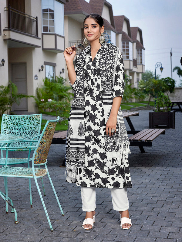 Malishka Women's Viscose Printed Flared Kurta Pant With Dupatta - Black & White - Distacart