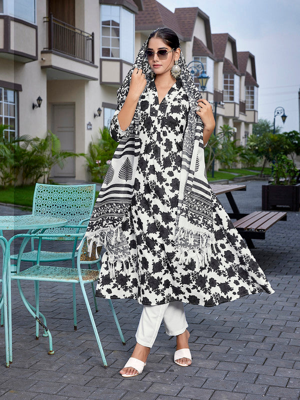 Malishka Women's Viscose Printed Flared Kurta Pant With Dupatta - Black & White - Distacart
