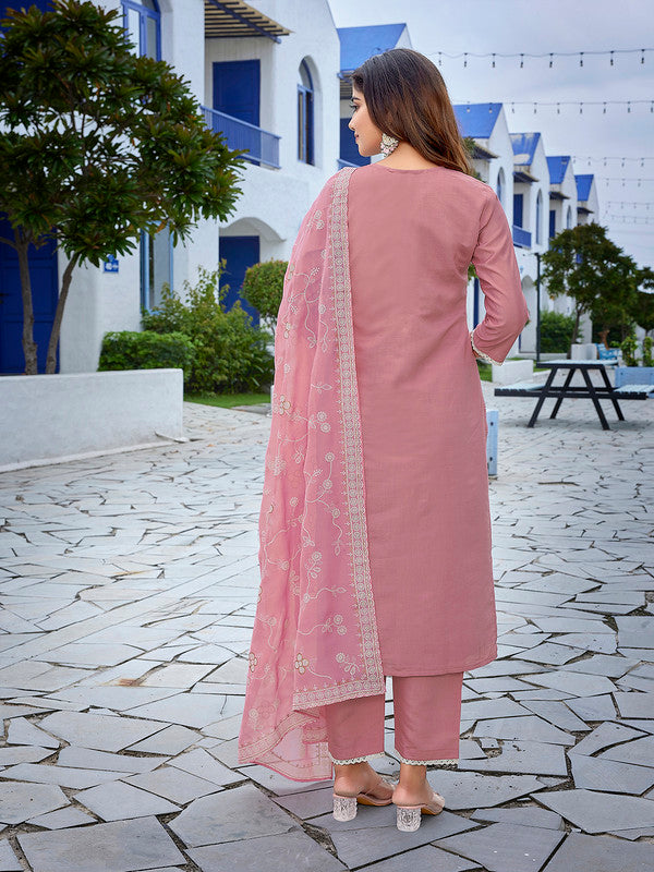 Malishka Women's Chanderi Embroidered Straight Kurta Pant With Dupatta - Mauve pink - Distacart