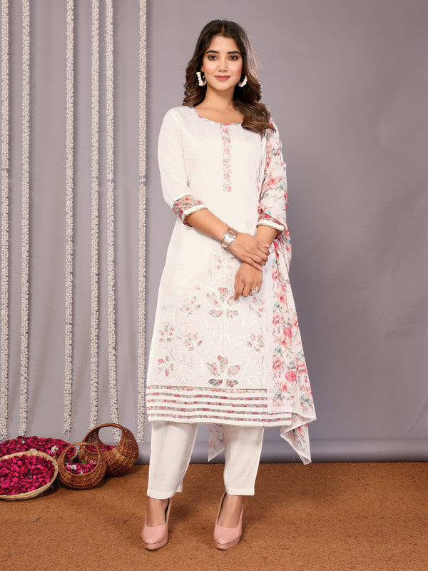 Malishka Women's Embroidered Straight Kurta Pant With Dupatta - White - Distacart
