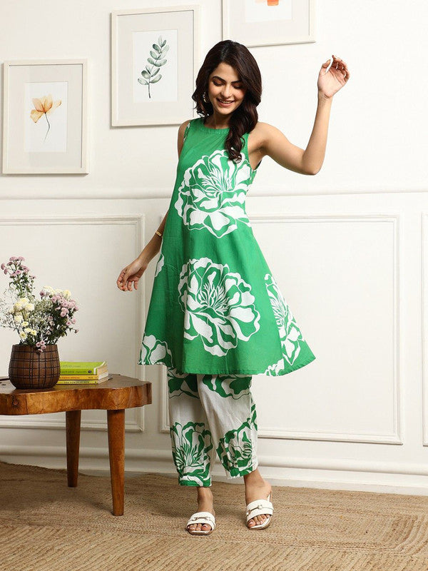 Malishka Women's Printed Flared Kurta With Pant Set - Green - Distacart