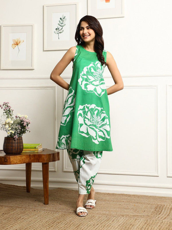 Malishka Women's Printed Flared Kurta With Pant Set - Green - Distacart
