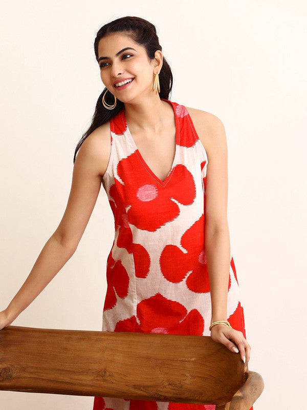 Malishka Women's Printed A-Line Kurta With Pant Set - Red & White - Distacart