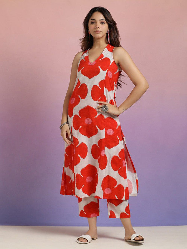 Malishka Women's Printed A-Line Kurta With Pant Set - Red & White - Distacart