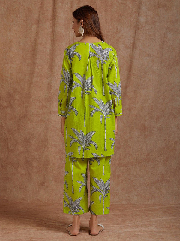 Malishka Women's Printed A-Line Kurta With Pant Set - Lemon Green - Distacart