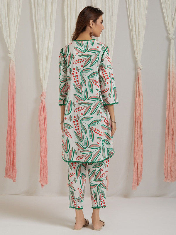 Malishka Women's Printed A-Line Kurta With Pant Set - Green & White - Distacart