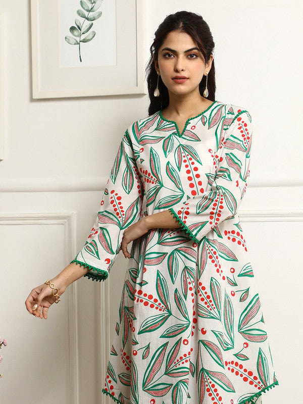 Malishka Women's Printed A-Line Kurta With Pant Set - Green & White - Distacart