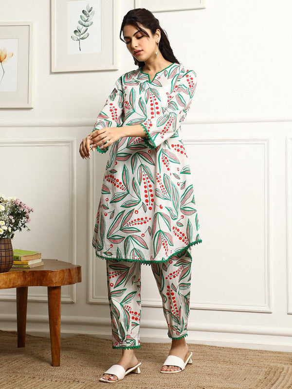 Malishka Women's Printed A-Line Kurta With Pant Set - Green & White - Distacart
