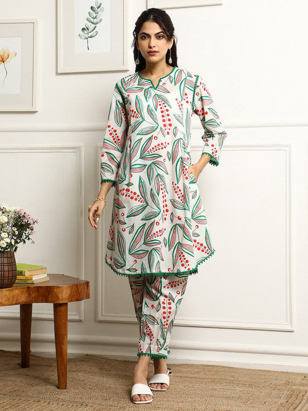 Malishka Women's Printed A-Line Kurta With Pant Set - Green & White - Distacart
