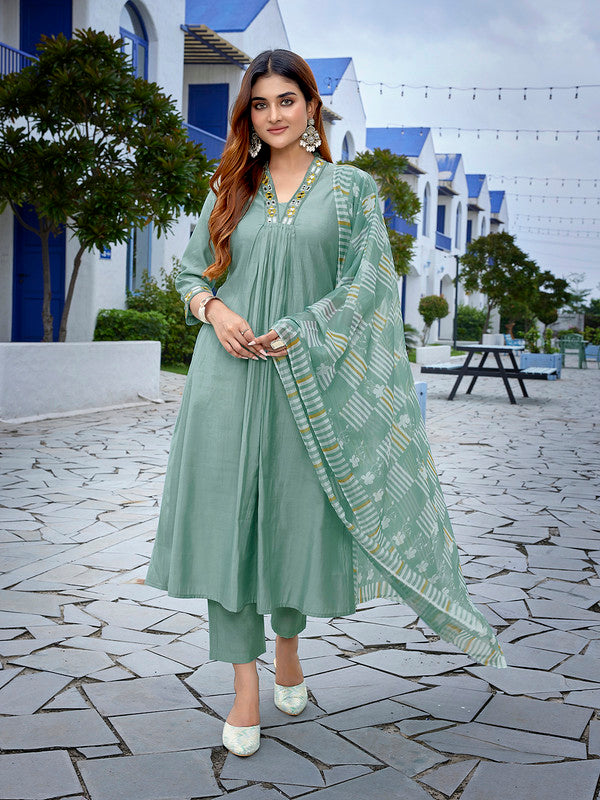 Malishka Women's Viscose Solid Flared Kurta Pant With Dupatta - Light Green - Distacart