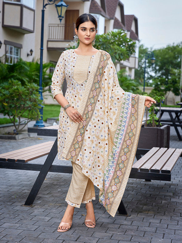 Malishka Women's Cotton Blend Printed Straight Kurta Pant With Dupatta - Green - Distacart