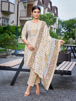 Thumbnail for Malishka Women's Cotton Blend Printed Straight Kurta Pant With Dupatta - Green - Distacart