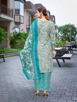 Thumbnail for Malishka Women's Cotton Blend Printed Straight Kurta Pant With Dupatta - Sea Green - Distacart