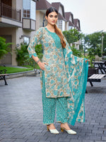 Thumbnail for Malishka Women's Cotton Blend Printed Straight Kurta Pant With Dupatta - Sea Green - Distacart
