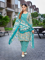 Thumbnail for Malishka Women's Cotton Blend Printed Straight Kurta Pant With Dupatta - Sea Green - Distacart