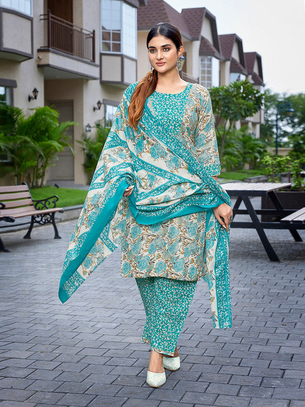 Malishka Women's Cotton Blend Printed Straight Kurta Pant With Dupatta - Sea Green - Distacart