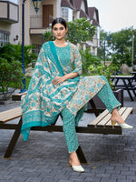 Thumbnail for Malishka Women's Cotton Blend Printed Straight Kurta Pant With Dupatta - Sea Green - Distacart