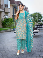 Thumbnail for Malishka Women's Cotton Blend Printed Straight Kurta Pant With Dupatta - Sea Green - Distacart