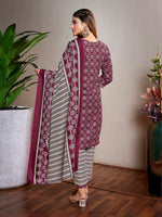 Thumbnail for Malishka Women's Cotton Blend Printed Straight Kurta Pant With Dupatta - Purple - Distacart