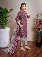Thumbnail for Malishka Women's Cotton Blend Printed Straight Kurta Pant With Dupatta - Purple - Distacart