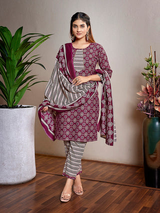 Malishka Women's Cotton Blend Printed Straight Kurta Pant With Dupatta - Purple - Distacart