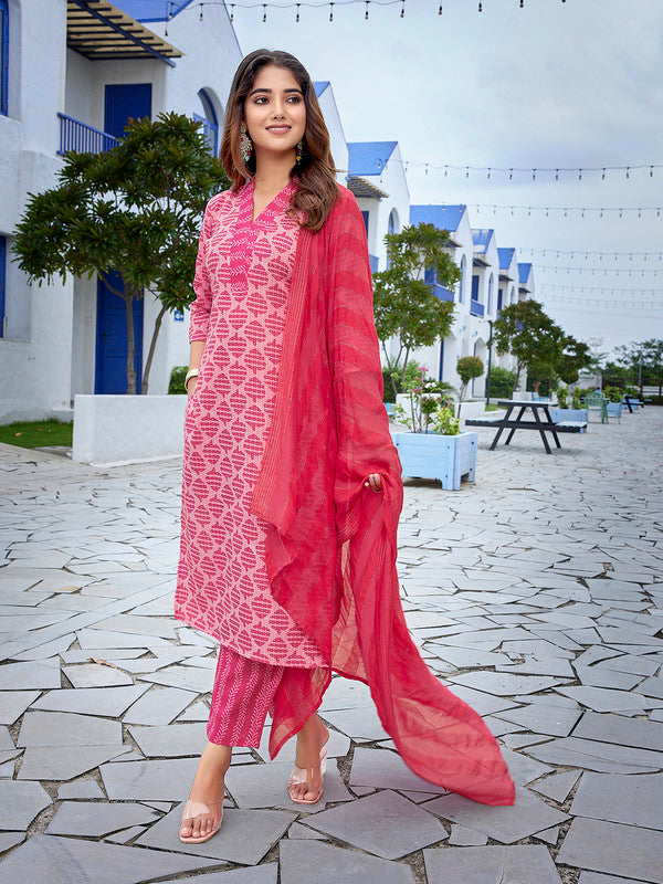 Malishka Women's Cotton Blend Printed Straight Kurta Pant With Dupatta - Pink - Distacart