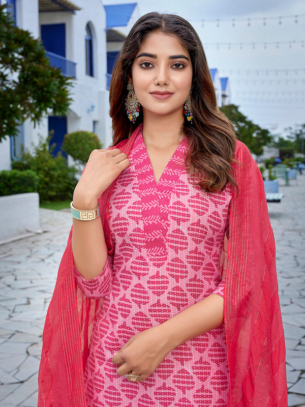 Malishka Women's Cotton Blend Printed Straight Kurta Pant With Dupatta - Pink - Distacart