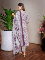 Thumbnail for Malishka Women's Cotton Blend Printed Angarkha Kurta Pant With Dupatta - Purple & White - Distacart