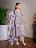 Thumbnail for Malishka Women's Cotton Blend Printed Angarkha Kurta Pant With Dupatta - Purple & White - Distacart