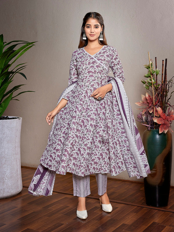 Malishka Women's Cotton Blend Printed Angarkha Kurta Pant With Dupatta - Purple & White - Distacart