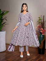 Thumbnail for Malishka Women's Cotton Blend Printed Angarkha Kurta Pant With Dupatta - Purple & White - Distacart