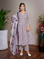 Thumbnail for Malishka Women's Cotton Blend Printed Angarkha Kurta Pant With Dupatta - Purple & White - Distacart