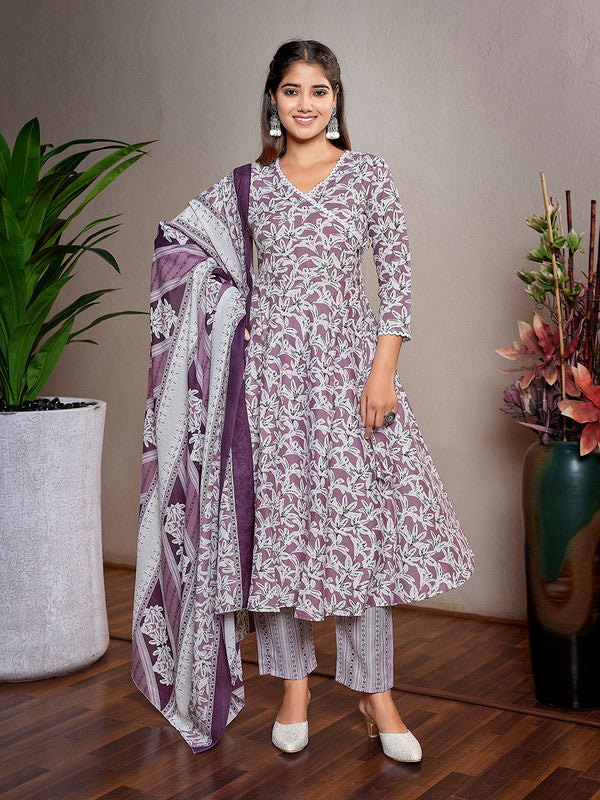 Malishka Women's Cotton Blend Printed Angarkha Kurta Pant With Dupatta - Purple & White - Distacart
