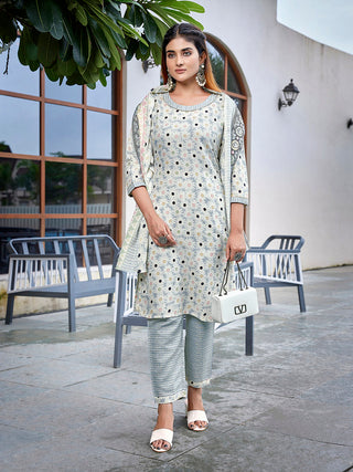 Malishka Women's Cotton Blend Printed Straight Kurta Pant With Dupatta - Grey & White - Distacart