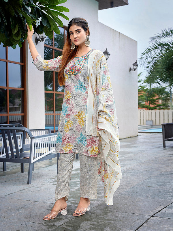 Malishka Women's Cotton Blend Embroidered Straight Kurta Pant With Dupatta - Multicolor - Distacart