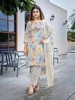 Thumbnail for Malishka Women's Cotton Blend Embroidered Straight Kurta Pant With Dupatta - Multicolor - Distacart