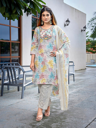 Malishka Women's Cotton Blend Embroidered Straight Kurta Pant With Dupatta - Multicolor - Distacart