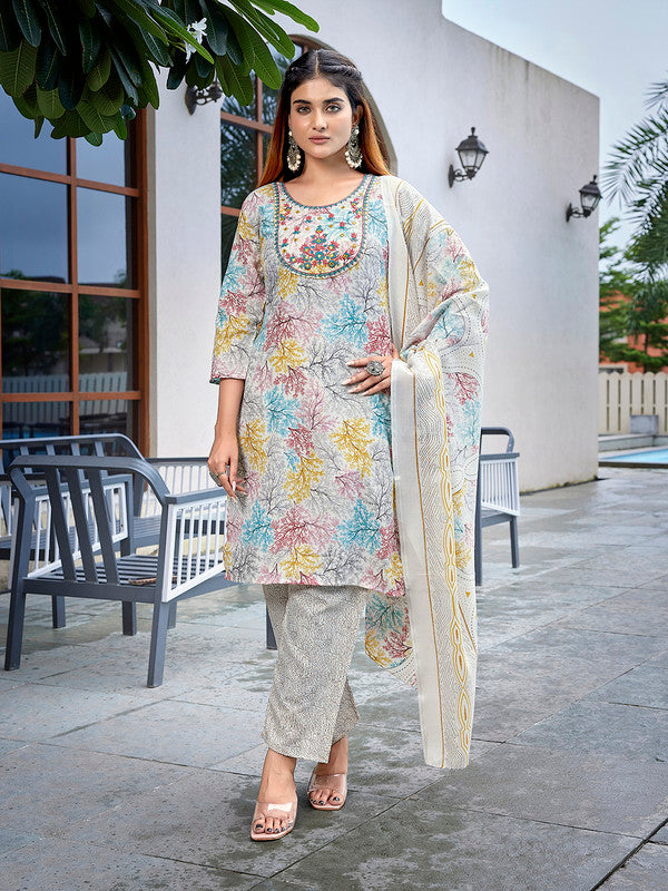 Malishka Women's Cotton Blend Embroidered Straight Kurta Pant With Dupatta - Multicolor - Distacart