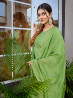 Thumbnail for Malishka Women's Cotton Blend Embroidered Straight Kurta Pant With Dupatta - Light Green - Distacart