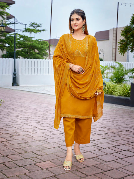 Malishka Women's Cotton Blend Embroidered Straight Kurta Pant With Dupatta - Mustard - Distacart
