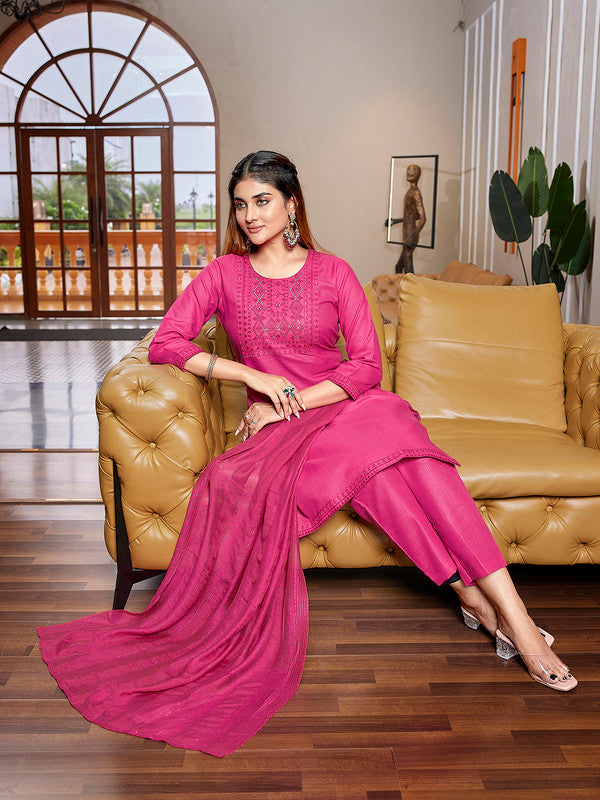 Malishka Women's Cotton Blend Embroidered Straight Kurta Pant With Dupatta - Pink - Distacart