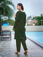 Thumbnail for Malishka Women's Crepe Printed Straight Kurta Pant With Dupatta - Mehndi Green - Distacart