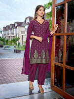 Thumbnail for Malishka Women's Crepe Printed Straight Kurta Pant With Dupatta - Purple - Distacart