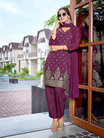 Thumbnail for Malishka Women's Crepe Printed Straight Kurta Pant With Dupatta - Purple - Distacart