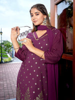 Thumbnail for Malishka Women's Crepe Printed Straight Kurta Pant With Dupatta - Purple - Distacart